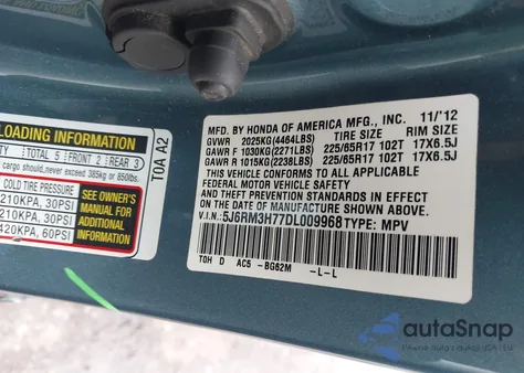 2013 Honda Cr-V Ex-L z USA, uszkodzony, nr VIN 5J6RM3H77DL009968